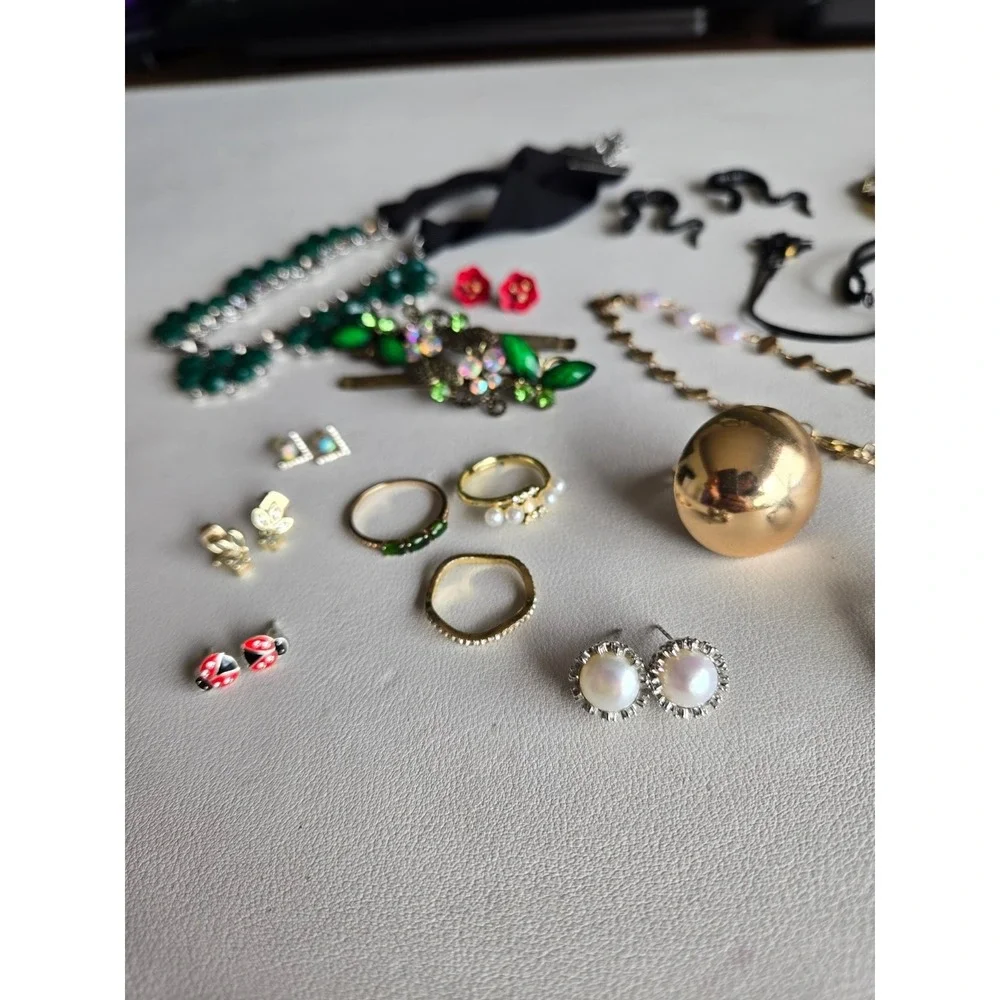 Vintage Jewelry Lot Visible Mix Necklaces Earrings‎ Rings + Glass Trinket Jar